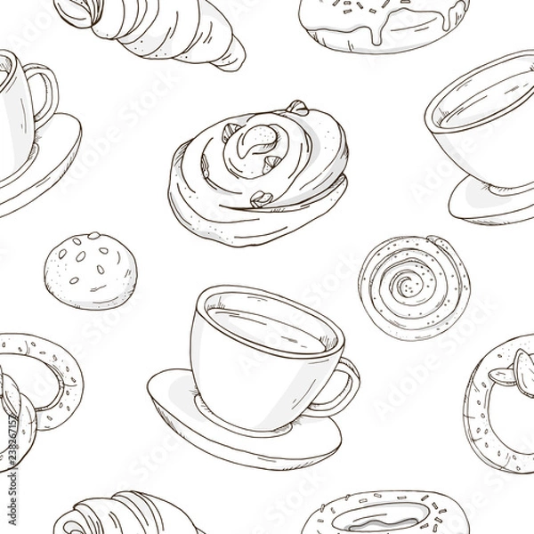 Fototapeta Seamless pattern with delicious sweet pastries and a Cup of coffee or tea. Stylish, black and white rolls, croissants, pretzels on a white background. Vector illustration in sketch style.