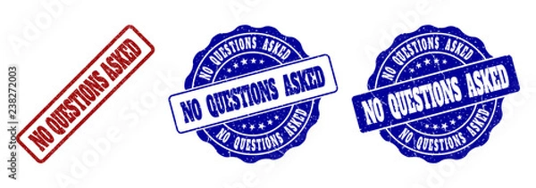 Fototapeta NO QUESTIONS ASKED scratched stamp seals in red and blue colors. Vector NO QUESTIONS ASKED labels with distress texture. Graphic elements are rounded rectangles, rosettes, circles and text labels.