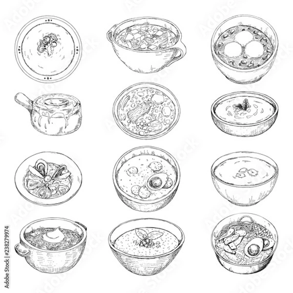 Fototapeta Set of different soups. Vector illustration in sketch style