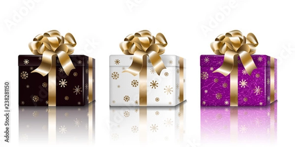 Fototapeta Gift box Holiday New Year set. Black white purple 3d realistic surprise boxes for design, isolated on light background, vector.