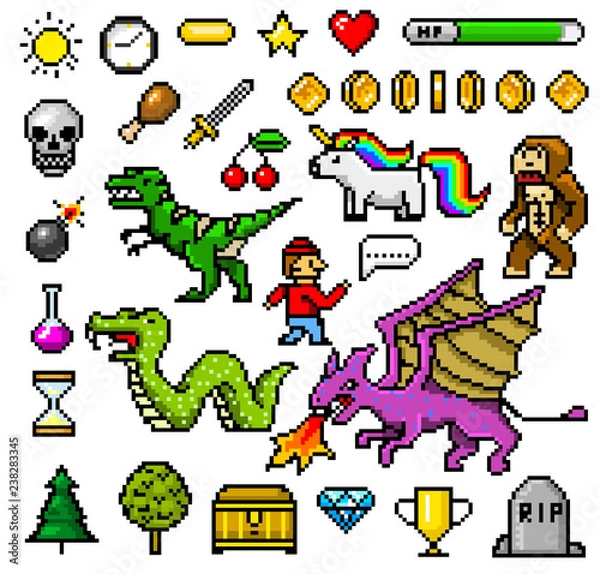 Fototapeta Pixel art 8-bitowe obiekty. Zasoby gier retro. Zestaw ikon. vintage salon gier komputerowych. znaki kucyk dinozaura tęczowy jednorożec wąż smok małpa i monety, trofeum zwycięzcy. ilustracji wektorowych.