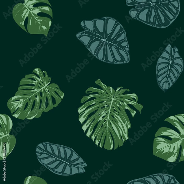 Fototapeta Vector Tropic Seamless Pattern. Philodendron and Alocasia Leaves. Hand Drawn Jungle Foliage in Watercolor Style. Exotic Background. Seamless Tropic Leaf for Textile, Cloth, Fabric, Decoration, Paper.
