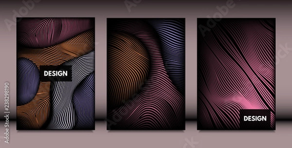 Fototapeta Abstract Wavy Shapes with 3d Effect. Cover Design Templates Set with Vibrant Gradient and Wavy Stripes in Minimal Style. Vector Abstraction with Distorted Lines. Wavy Shapes for Cover, Brochure, Book