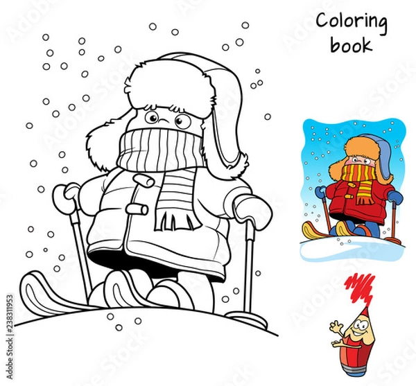 Obraz Little boy skiing. Winter holiday. Coloring book. Cartoon vector illustration