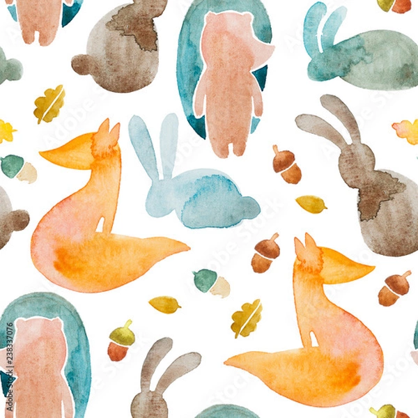 Obraz Watercolor seamless pattern with simple animals in kids stile on white background.