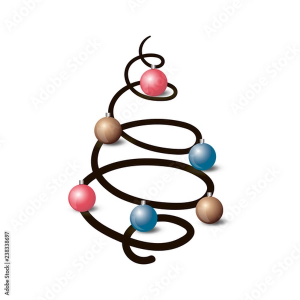 Obraz Colorful 3d bolls on the hand drawn abstract New Year tree. Symbol of Christmas and New Year. Vector illustration.