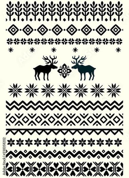 Fototapeta Vector ugly sweater seamless borders with norway ornament. Pattern brushes collection