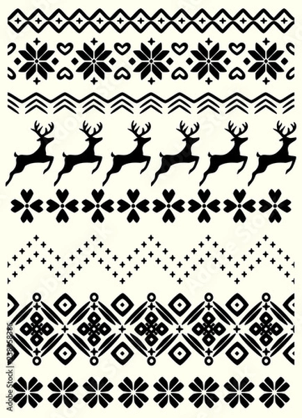 Fototapeta Vector ugly sweater seamless borders with norway ornament. Pattern brushes collection