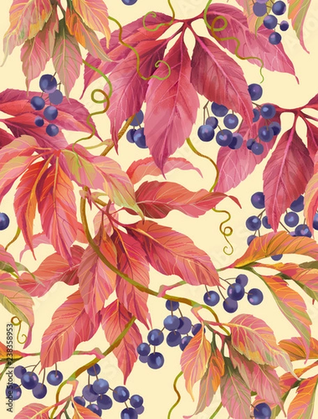 Fototapeta Wild grape with berries and leaves. Seamless background pattern version 3