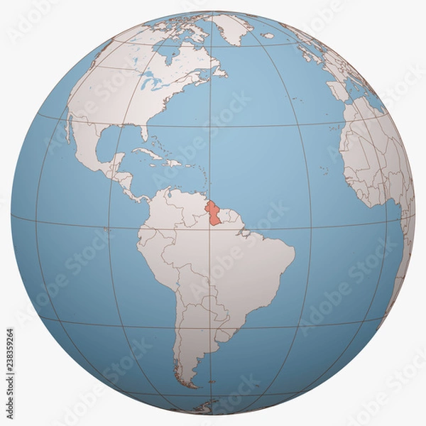 Fototapeta Guyana on the globe. Earth hemisphere centered at the location of the Co-operative Republic of Guyana. Guyana map.