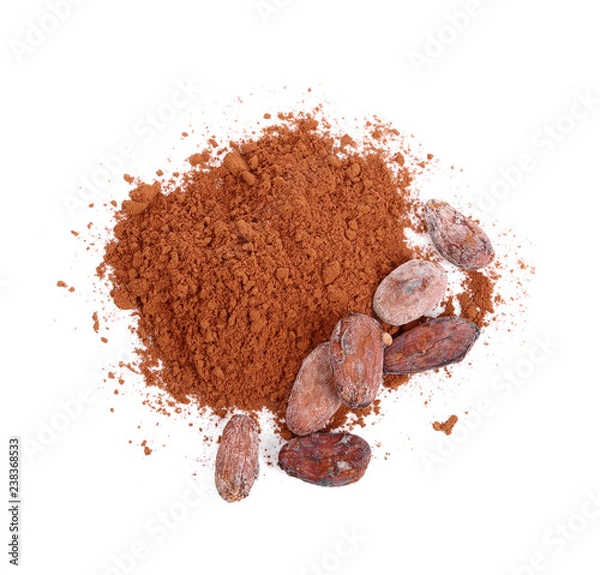 Obraz Proszek kakaowy i ziarna kakaowe na białym tle