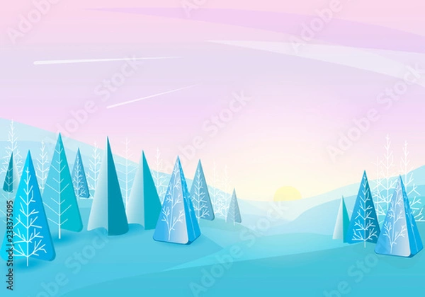 Fototapeta Winter forest abstract flat background. Simply Children's drawing. Simple and cute landscape for your design