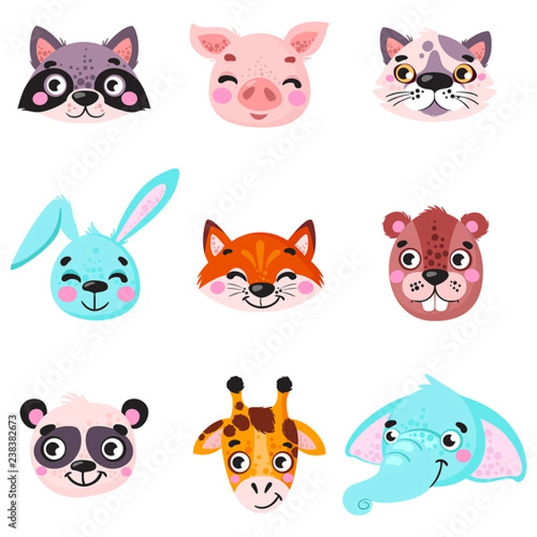 Obraz Set of vector animals in cartoon style. Cute smiley pig, panda, beaver, walrus, penguin, elephant, giraffe, llama. Cute animal faces. Hand drawn characters. Vector illustration.