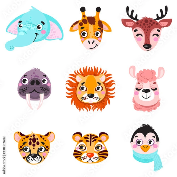 Obraz Set of vector animals in cartoon style. Cute smiley giraffe, deer, walrus, lion, jaguar, penguin, elephant, giraffe, llama. Cute animal faces. Hand drawn characters. Vector illustration.