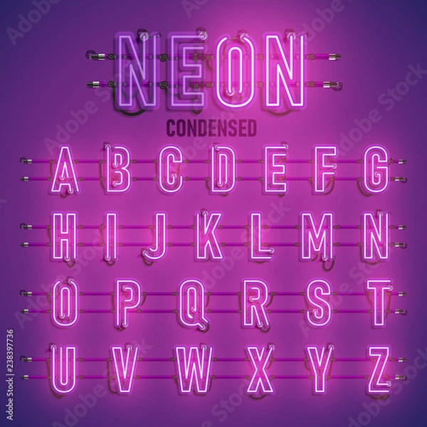 Obraz Realistic neon font with wires and console, vector illustration