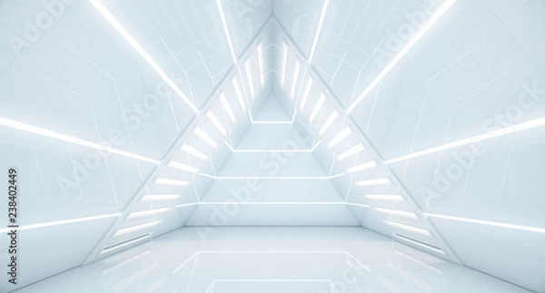 Fototapeta Abstract Triangle Spaceship corridor. Futuristic tunnel with light. Future interior background, business, sci-fi science concept. 3d rendering