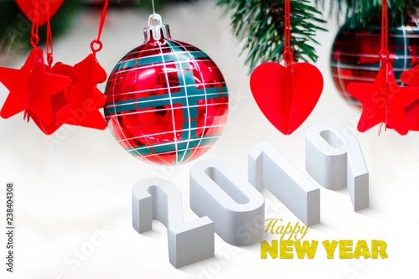 Fototapeta Shiny red christmas balls, heart and stars on white with pine tree for new year with 2019 text