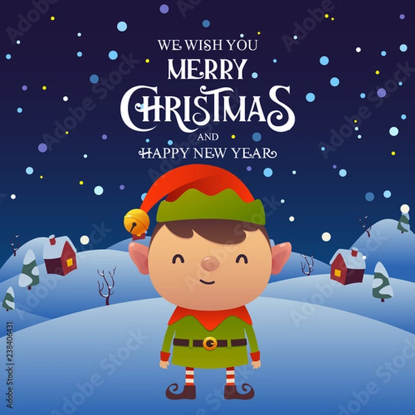 Obraz Cute cartoon Elf character Merry Christmas and Happy New Year background