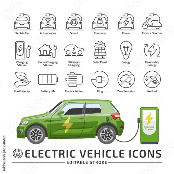 Fototapeta Electro vehicle editable stroke line icon set with electric eco car hatchback vector green mockup with charge station.