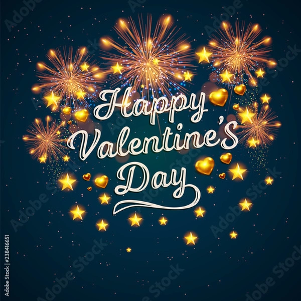Fototapeta Happy Valentine's Day displayed with fireworks. Vector illustration. Wallpaper, flyers, invitation, posters, brochure, banners.