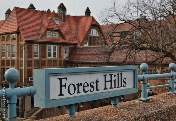 Fototapeta Forest Hills Queens New York Sign Old Tudor Style Building Background