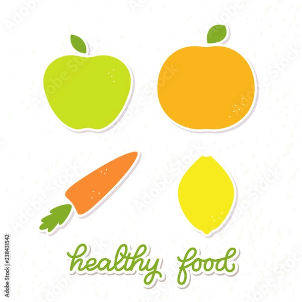 Obraz Healthy food veggie banner design, poster with decorated fruits and vegetables and handlettered note 'healthy food'