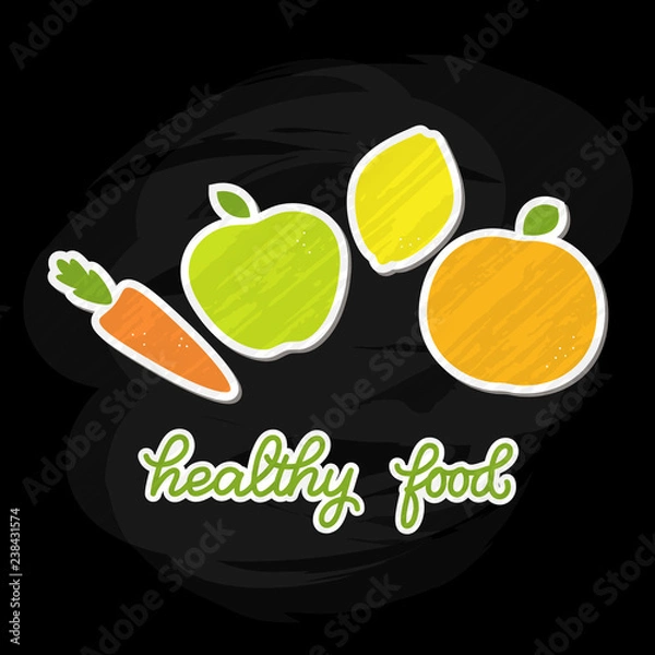 Obraz Healthy food veggie banner design, poster with decorated fruits and vegetables and handlettered note 'healthy food'