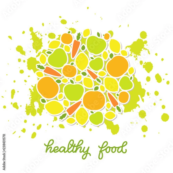 Obraz Healthy food veggie banner design, poster with decorated fruits and vegetables and handlettered note 'healthy food'
