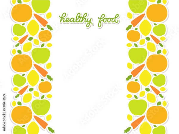 Obraz Healthy food veggie banner design, poster with decorated fruits and vegetables and handlettered note 'healthy food'