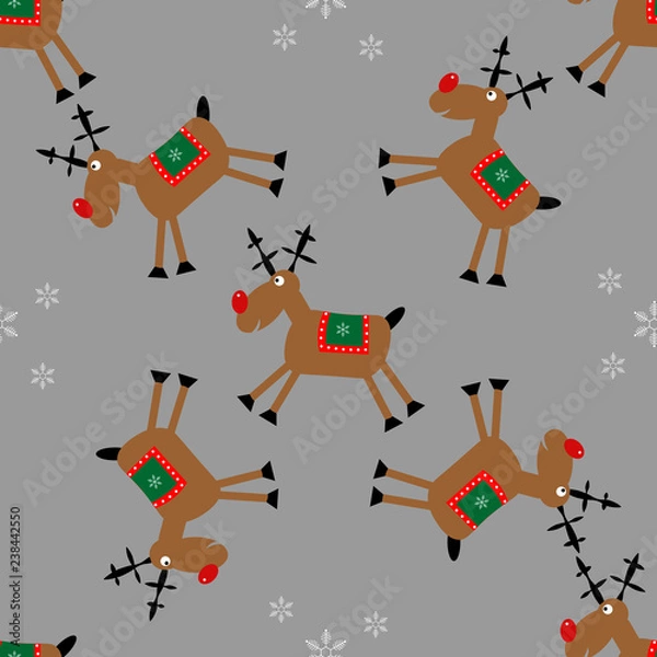 Fototapeta Merry Christmas seamless pattern with fanny deer and snowflakes