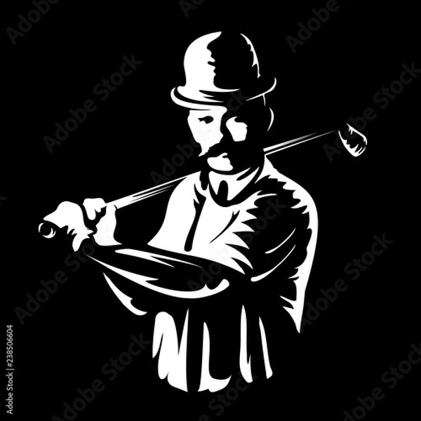 Fototapeta Golf player logo stamp or golfer man figure silhouette retro vintage emblem in old engraving vector art style white illustration isolated on black background Great for sport club sign or tshirt design