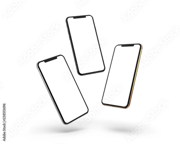 Obraz Złoto, srebrne i czarne smartfony z pustym ekranem, na białym tle. Szablon, makieta.