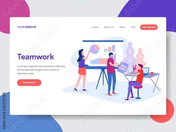 Fototapeta Landing page template of Teamwork Design. Modern flat design concept of web page design for website and mobile website.Vector illustration