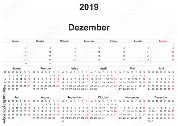 Obraz 2019 German monthly calendar with white background.