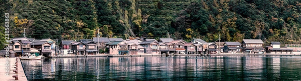 Fototapeta Panorama view of Ine-Cho and Funaya houses at Ine bay in Autumn , Kyoto, Japan