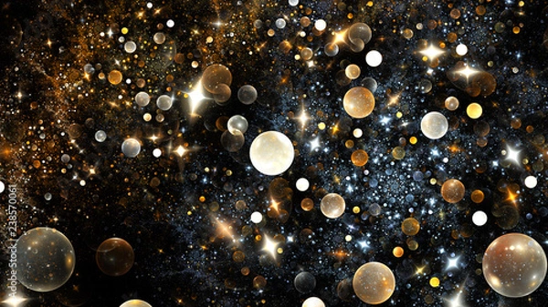 Fototapeta Shiny yellow and white bubbles and sparkles. Abstract holiday background. Fantastic 3D rendered digital fractal illustration.