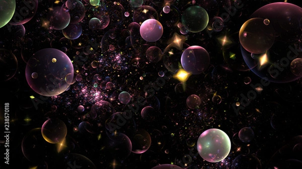 Fototapeta Shiny purple, green bubbles. Abstract holiday background. Fantastic 3D rendered digital fractal illustration.
