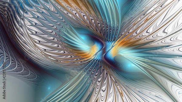 Fototapeta Abstract blue and gold glowing shapes. Intricate shiny background. Fantastic 3D rendered