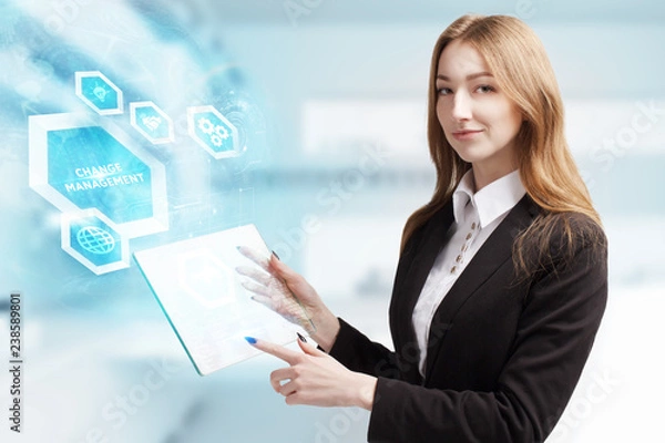 Obraz The concept of business, technology, the Internet and the network. A young entrepreneur working on a virtual screen of the future and sees the inscription: Change management