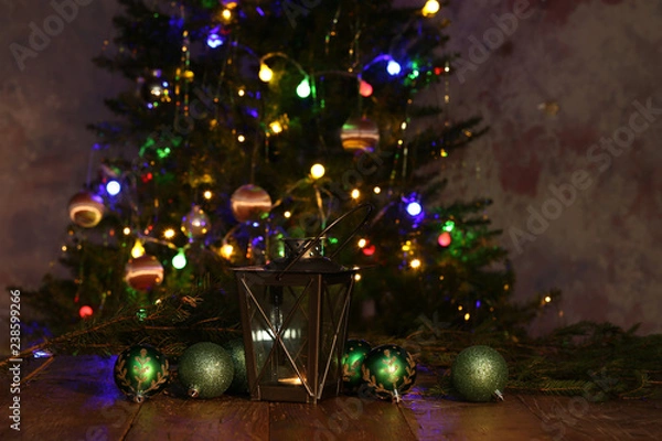 Obraz Christmas composition with dressed Christmas tree in the background