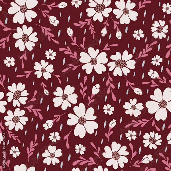 Fototapeta White heart flowers with pink leaves on red background floral seamless vector pattern
