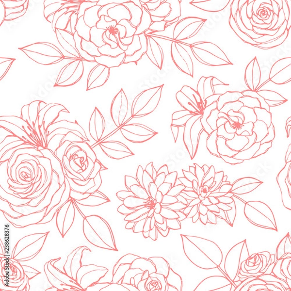 Fototapeta Vector seamless pattern with rose, lily, peony and chrysanthemum flowers pink line art on the white background. Hand drawn floral ornament of blossoms in sketch style. For wrapping paper and textile.