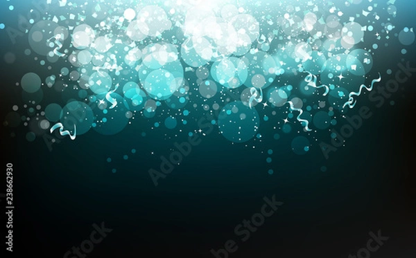 Fototapeta Celebration party festival, stars, ribbons and confetti paper falling, dust, glowing blurry scatter glitter blinking shiny sparkle abstract background vector illustration