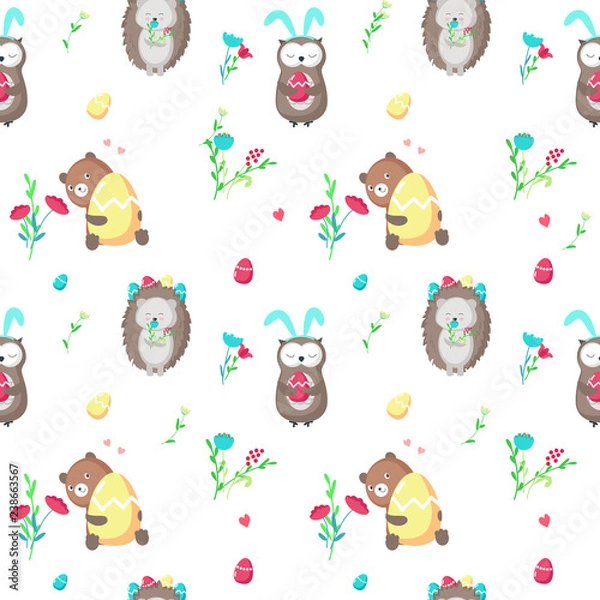 Fototapeta Vector seamless pattern with cute Easter animals