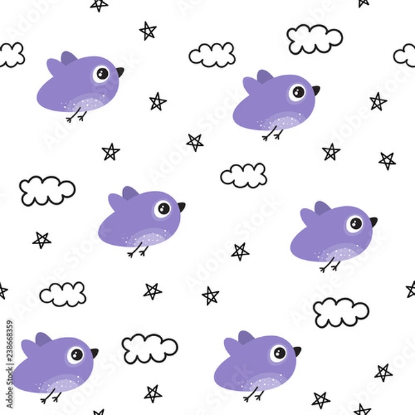 Fototapeta Vector seamless pattern for Valentine's day. Cute bird in the clouds. Doodle style
