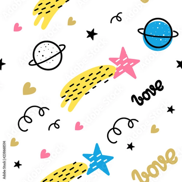 Fototapeta Vector seamless pattern for Valentine's day. Space. Doodle style