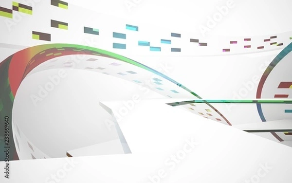 Fototapeta abstract architectural interior with white sculpture and geometric gradient glass lines. 3D illustration and rendering
