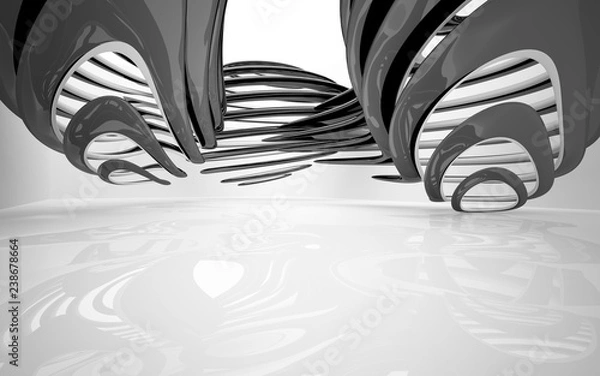 Fototapeta Abstract dynamic white interior with black smooth objects. 3D illustration and rendering