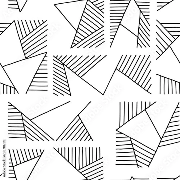 Fototapeta Seamless vector pattern. Black and white geometrical hand drawn background with rectangles, squares, triangles. Print for wallpaper, packaging, wrapping, fabric. Line drawing, graphic design