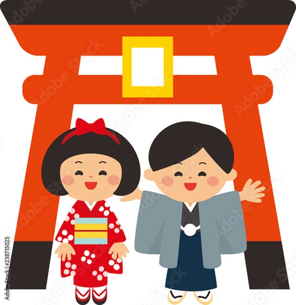 Obraz 正月素材　鳥居の前に立つ着物を着た子供達　ベクターイラスト素材